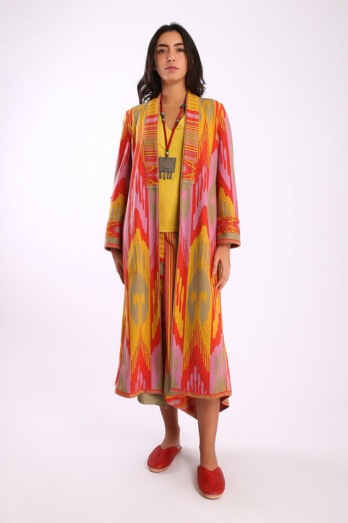 Reversible long coat in cotton blend patterned jacquard